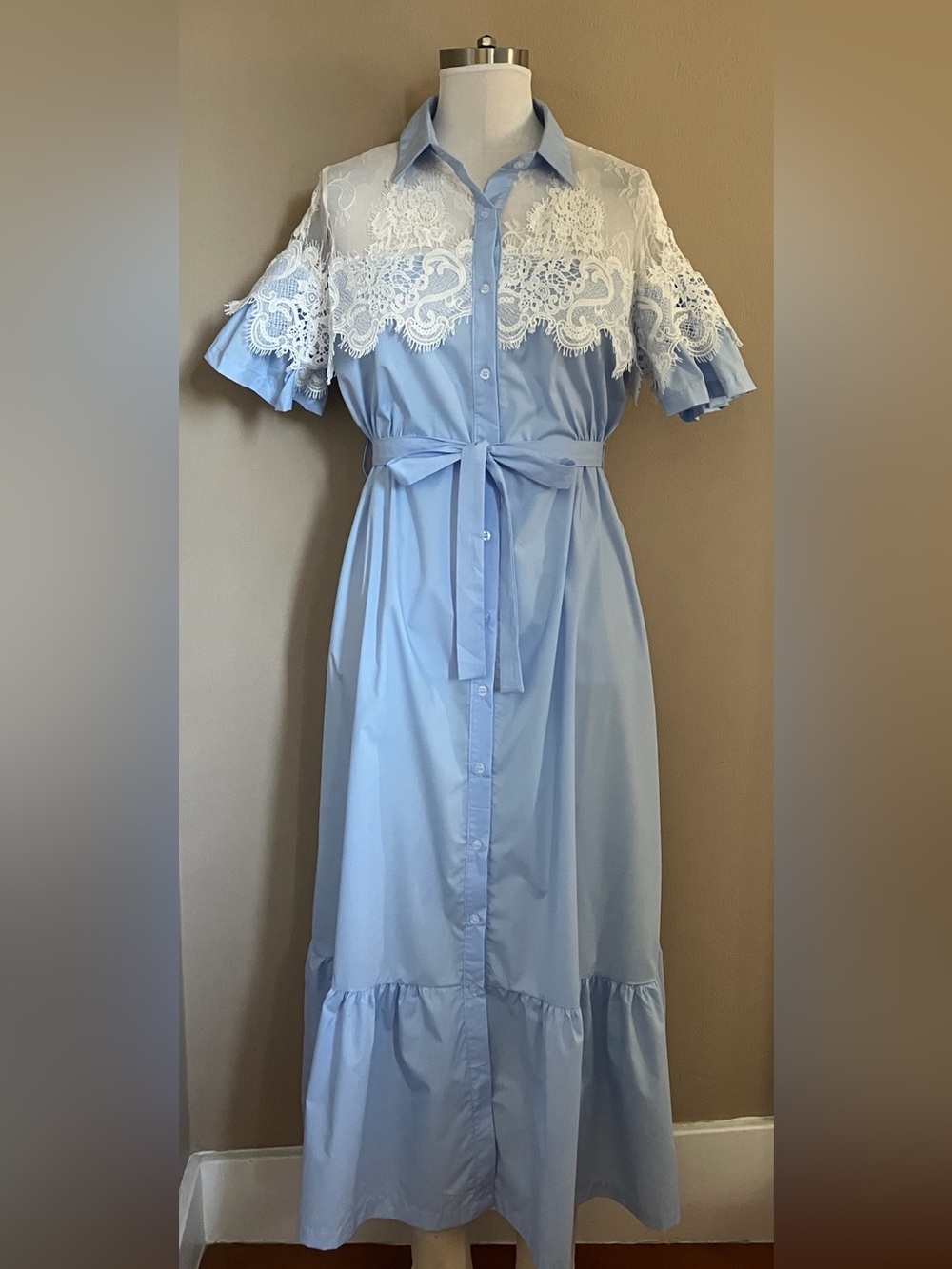 Light Blue Lace-Trim Button-Front Women’s Dress